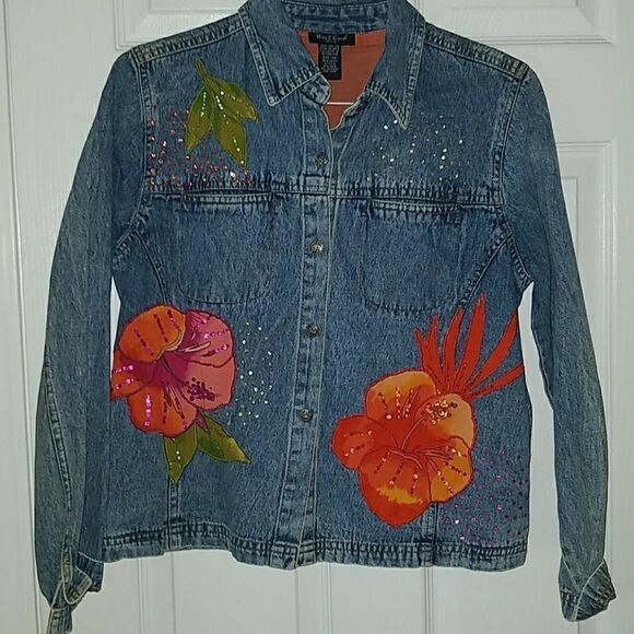 West End Petites Hibiscus denim jacket Sz. PM - Picture 1 of 6